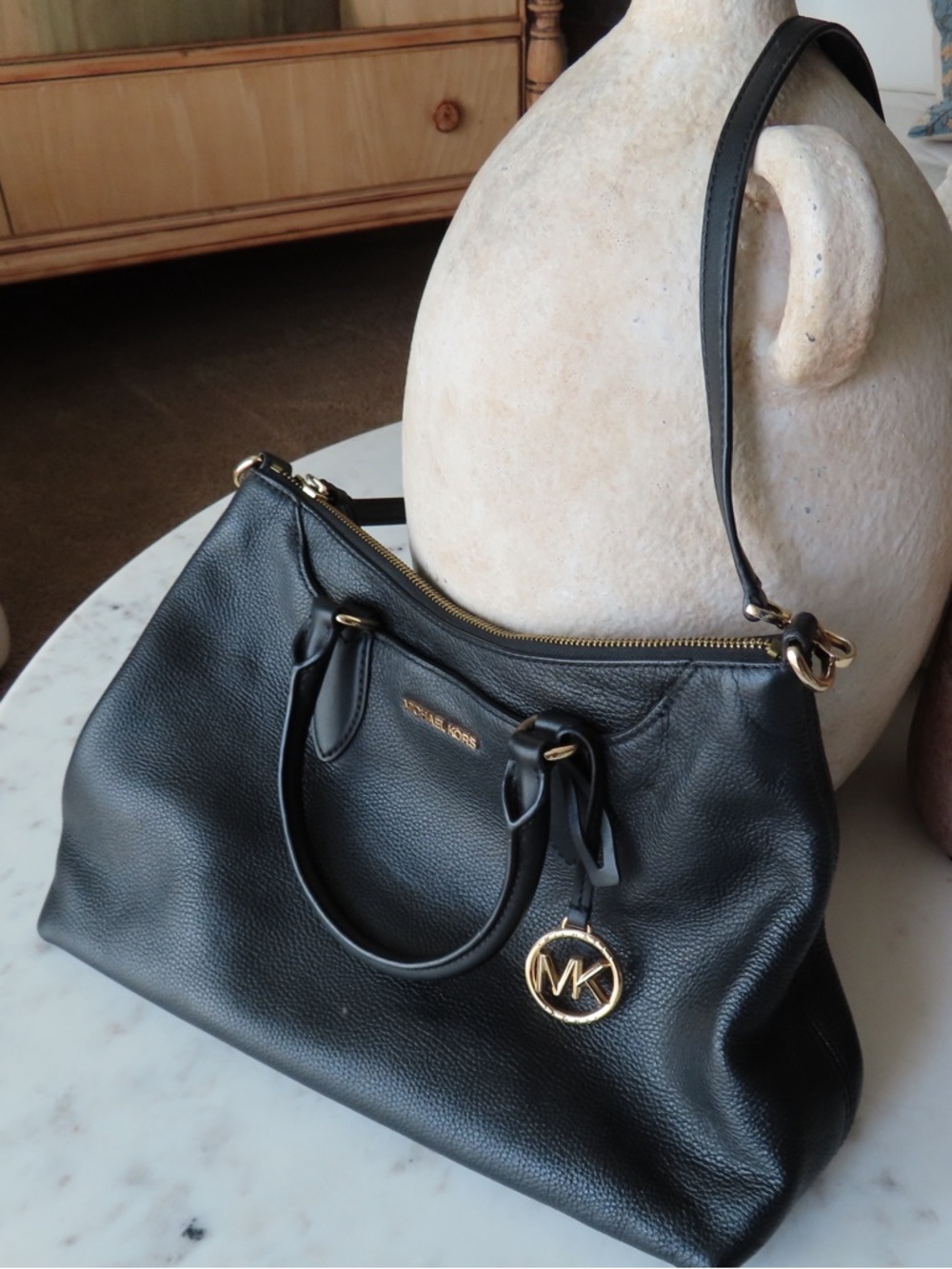 Michael Kors Black Pebbled Leather Shoulder Bag with Gold Hardware
